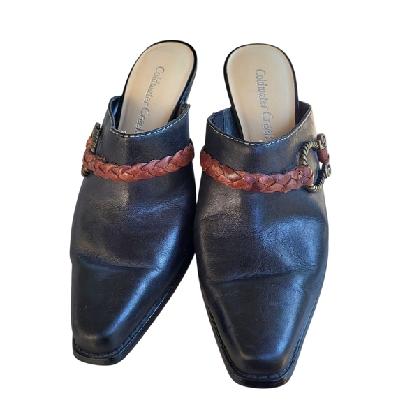 Coldwater Creek Black & Brown Leather Block Healed Mules Western Design Size 6 - Picture 2 of 9